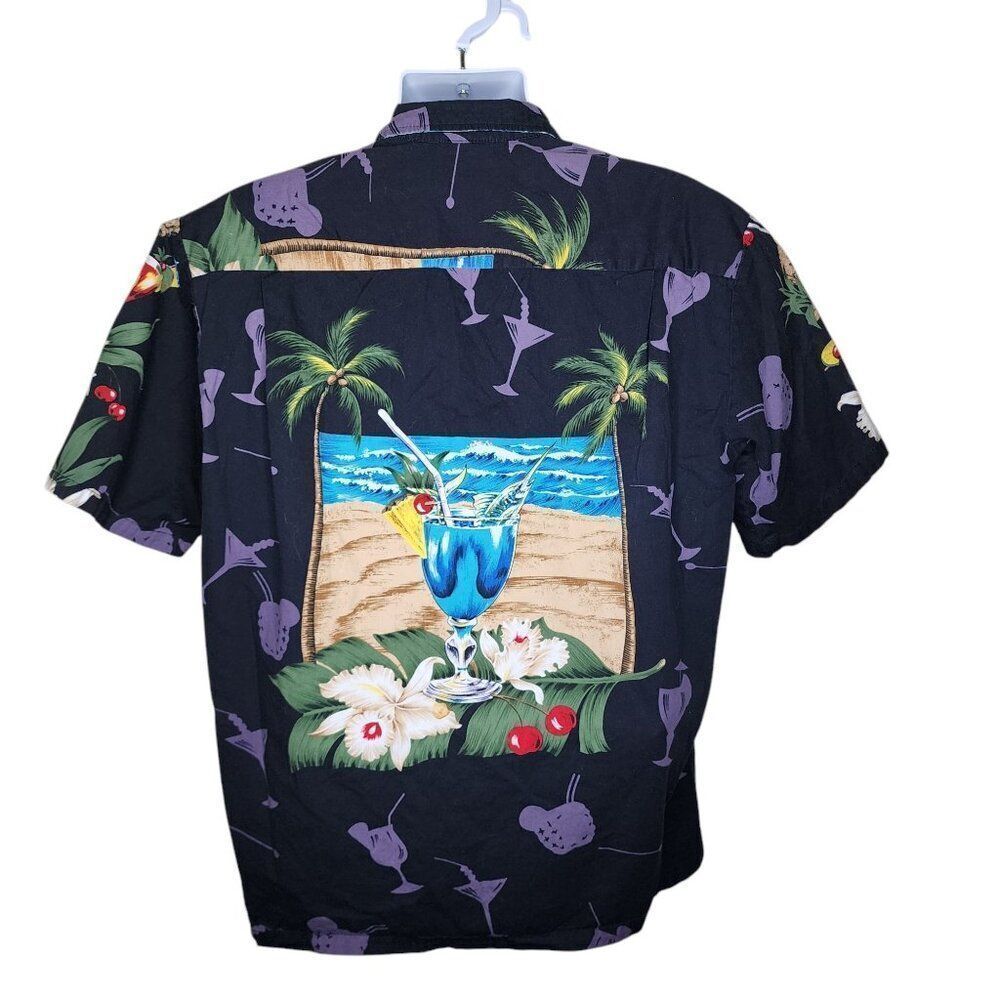 Vintage 80s Short Sleeve Button Up Hawaiian Shirt Mens Size XL Black Cocktails